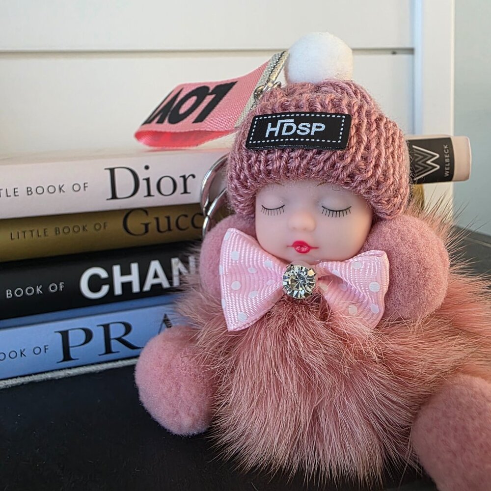 Cute Baby Sleeping Keychain with LOVE tag, Plush rabbit fur, Bag Charm